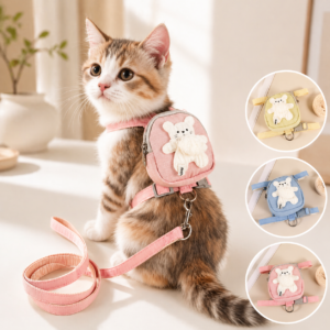 Cute Cat Harness & Leash Set with Plush Backpack | Breathable Adjustable Pet Vest for Small Cats & Dogs